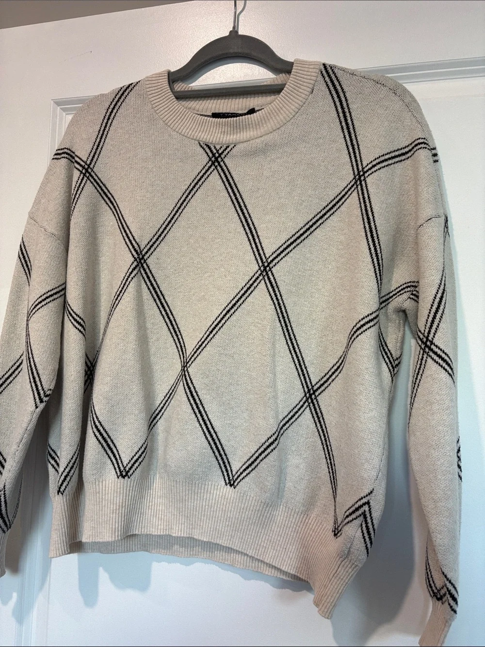 Tahari Cream Crewneck Sweater with Black Diamond Stripe